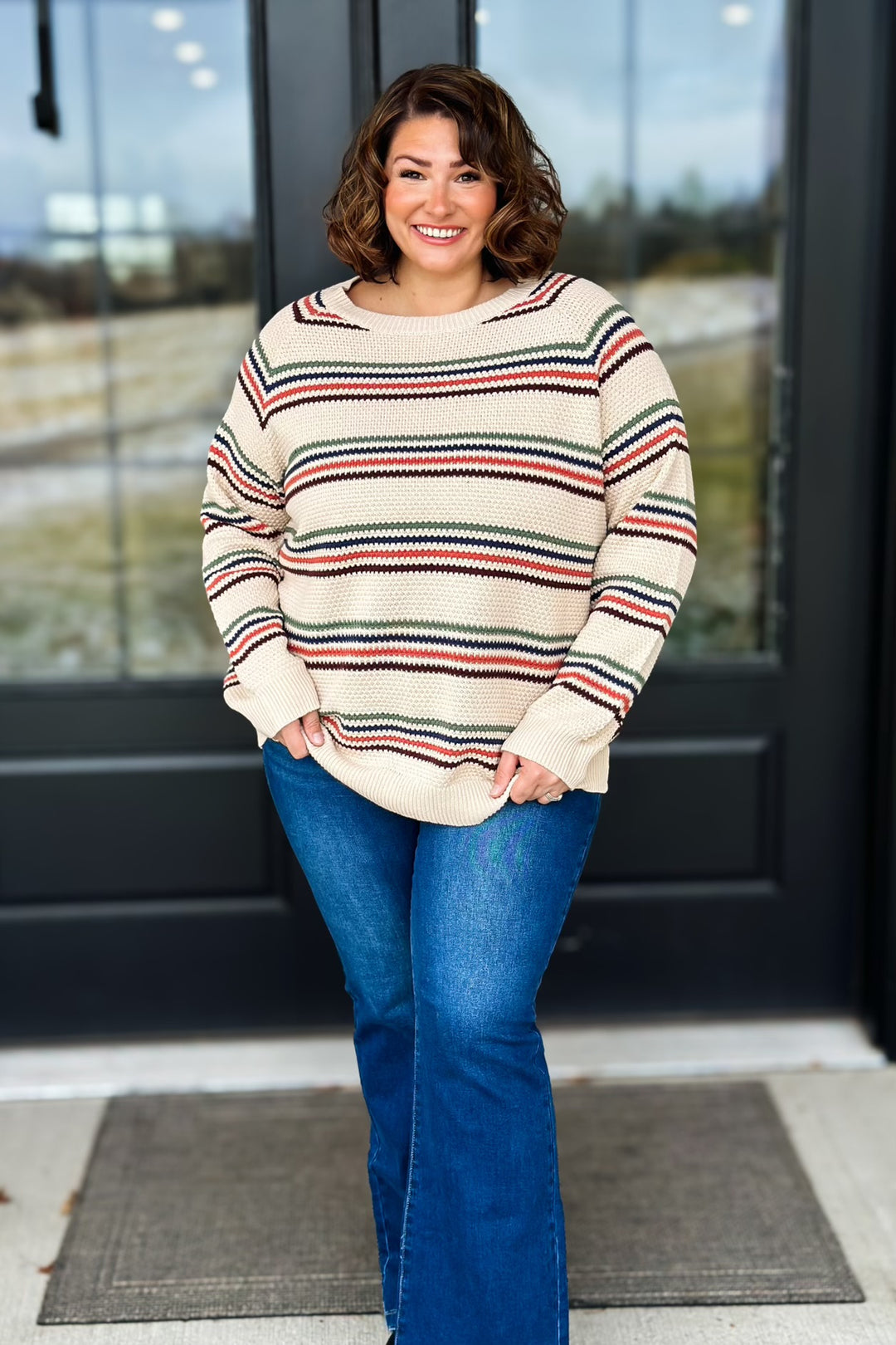 Taupe Striped Sweater- Curvy