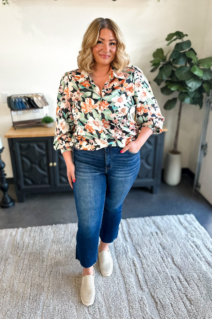 Black Floral Satin Blouse