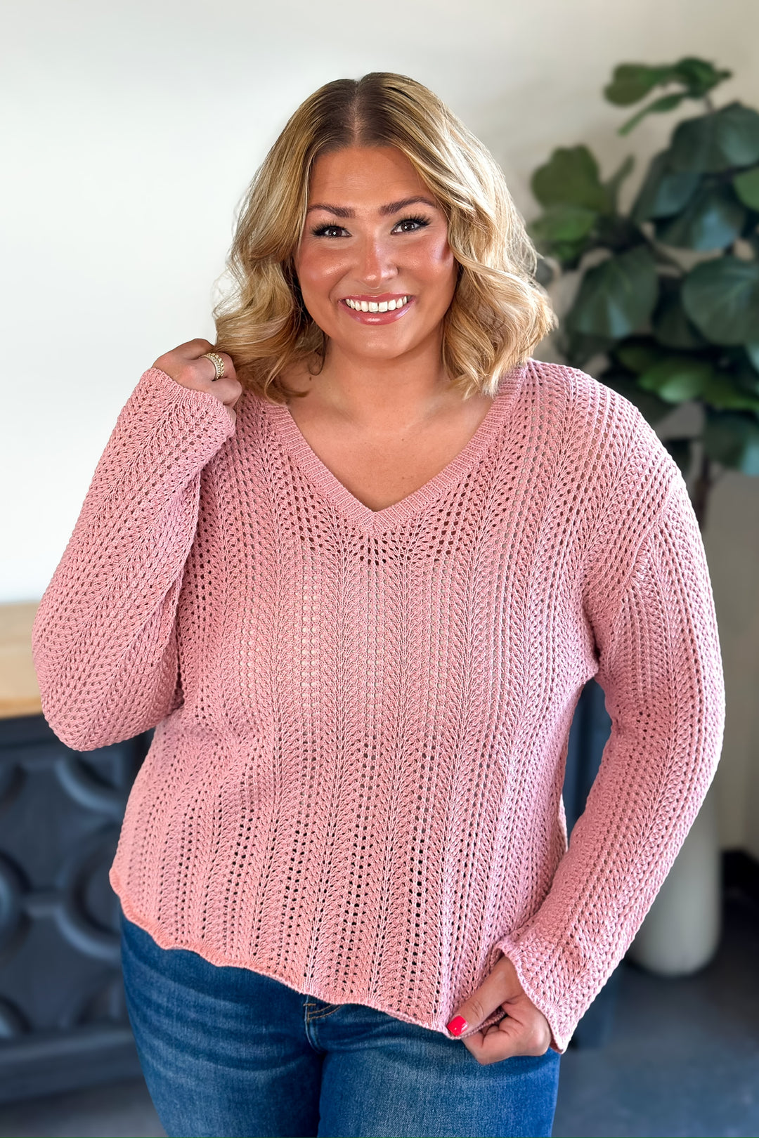 Dusty Pink Crochet Knit Sweater