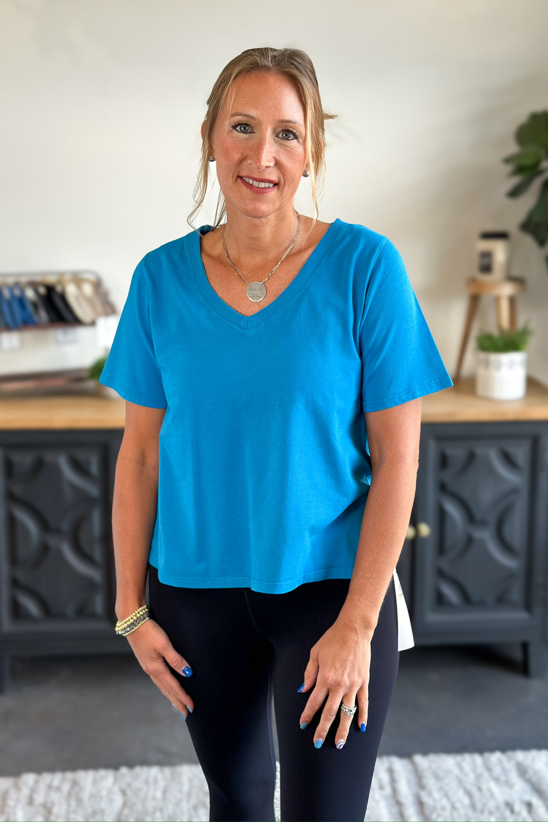 V-Neck Basic Tee- Blue Jay