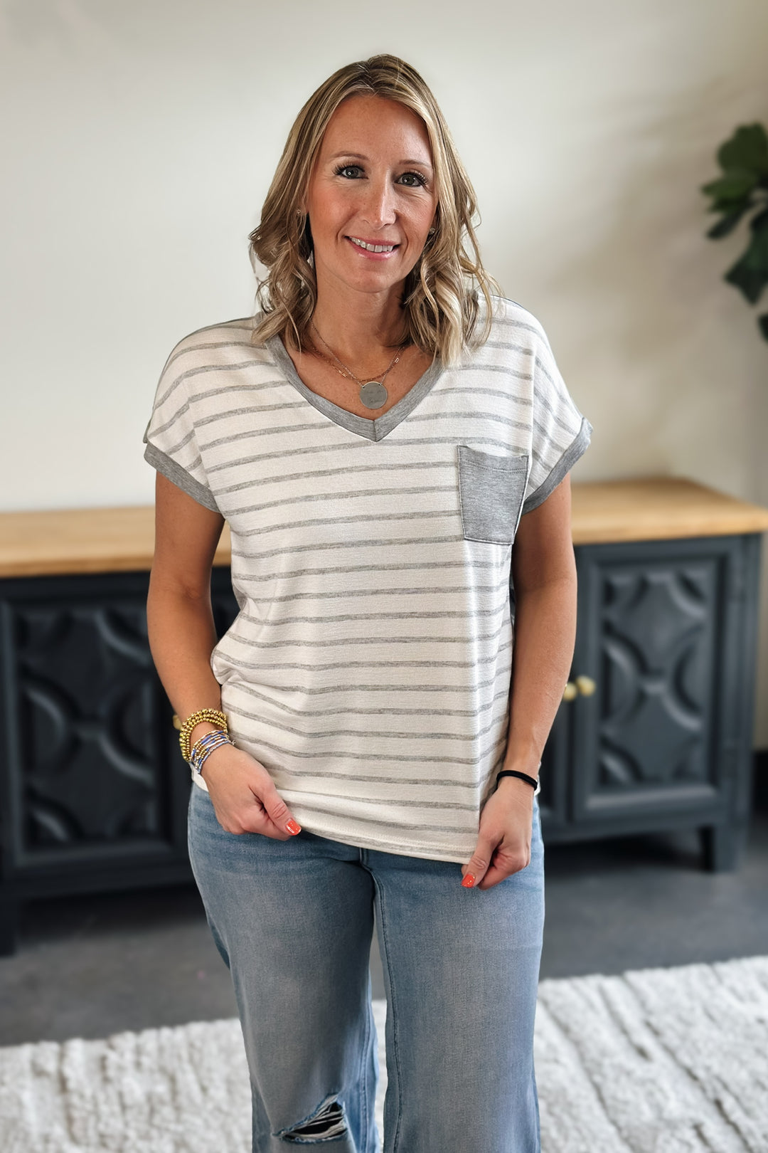 Ivory Striped V-Neck Tee