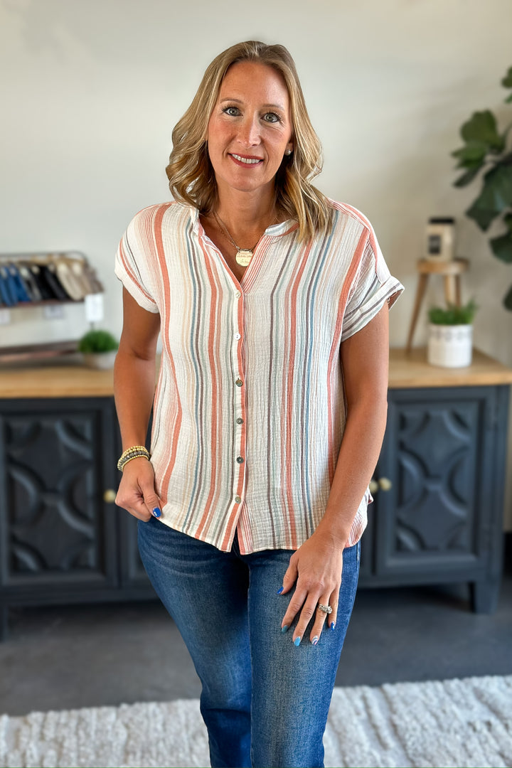 Papaya Striped Button-Up