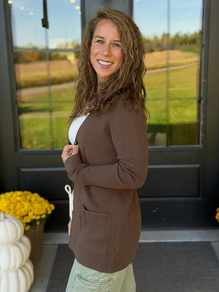 Open Waffle Cardigan- Brown