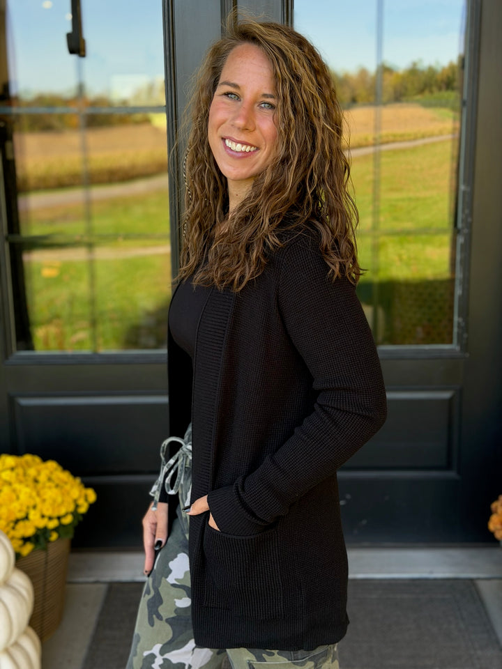 Open Waffle Cardigan- Black