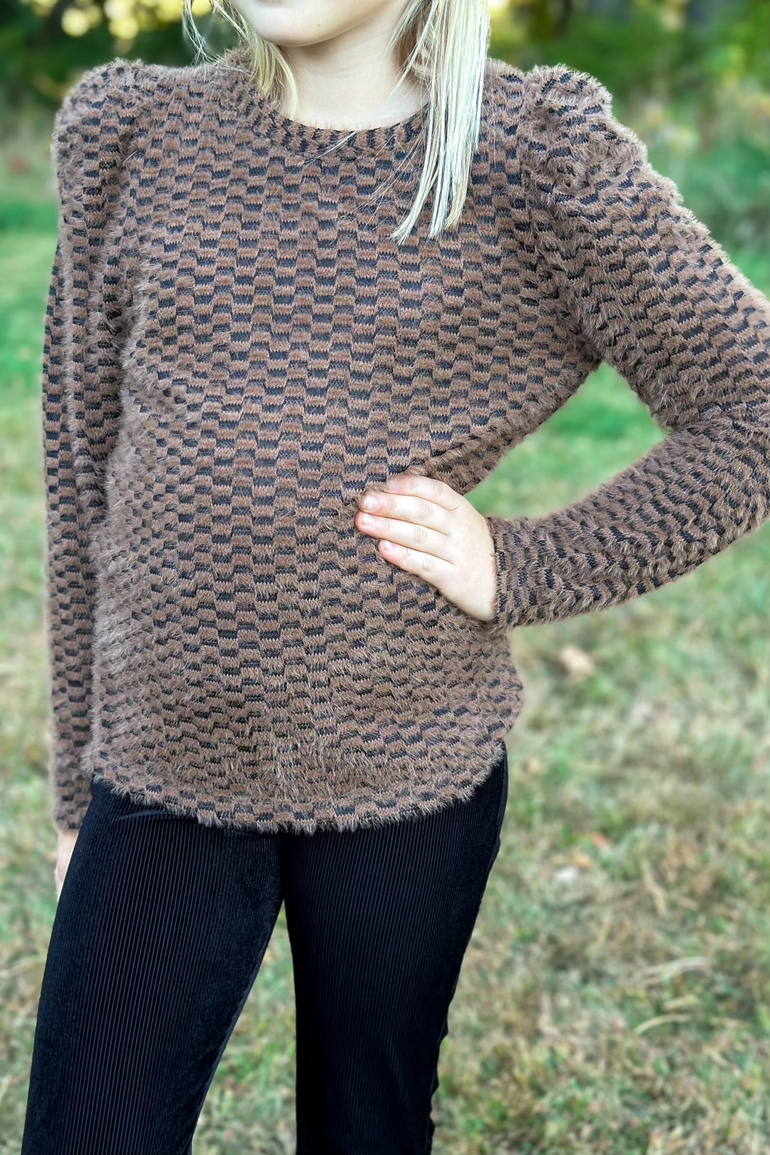 Girls Brown Checkered Sweater