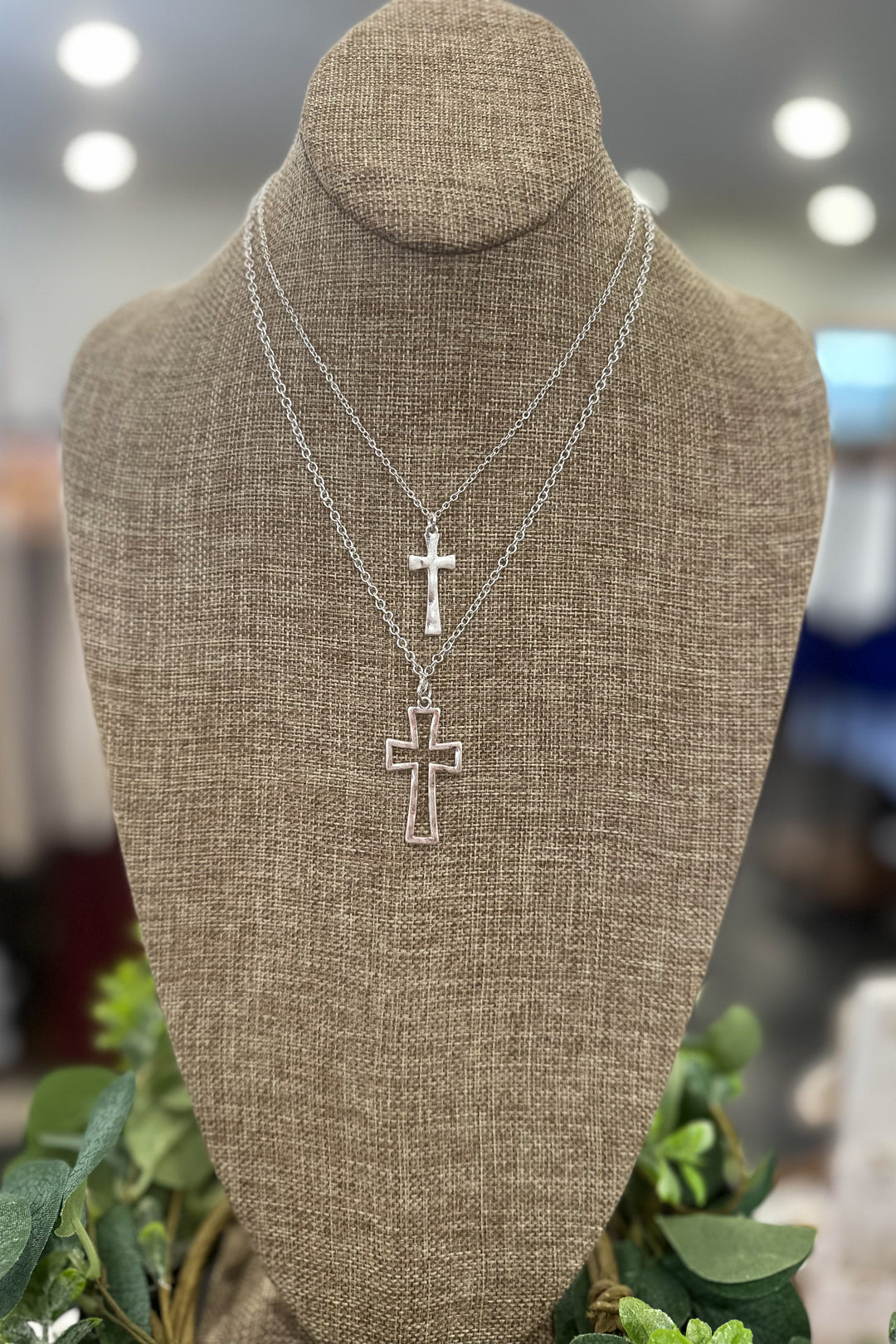 Worn Silver Layered Cross Necklace