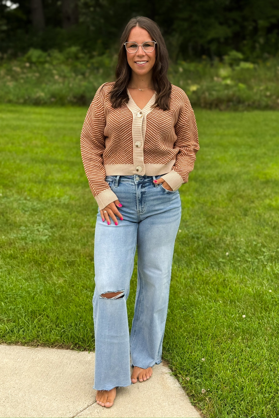 Rust Chevron Button Sweater