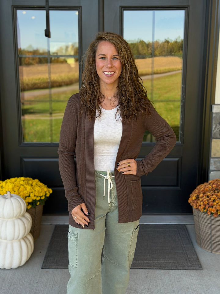 Open Waffle Cardigan- Brown