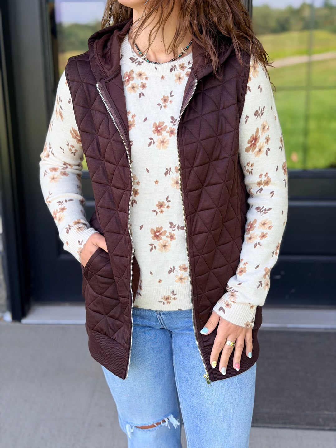 Quilted Long Zipper Vest- Brown