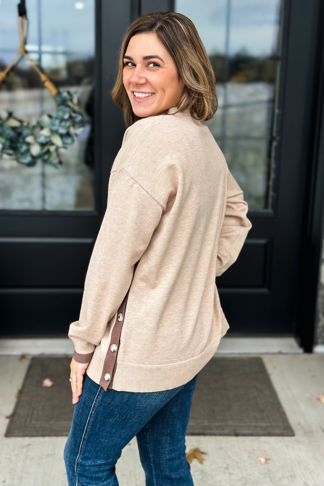 Taupe Sweater Side Button Detail