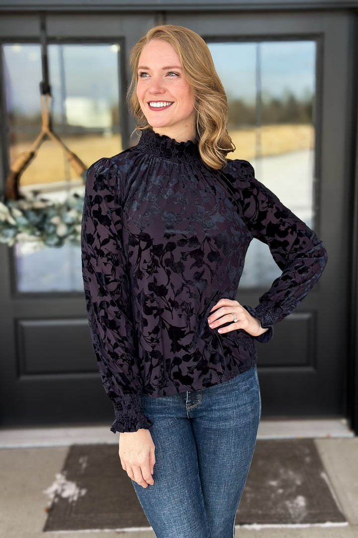 Navy Smocked Velvet Top