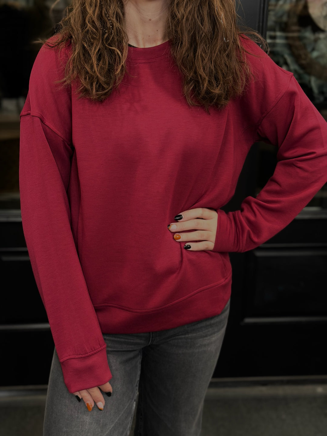 Solid Crew Neck Pullover- Cabernet