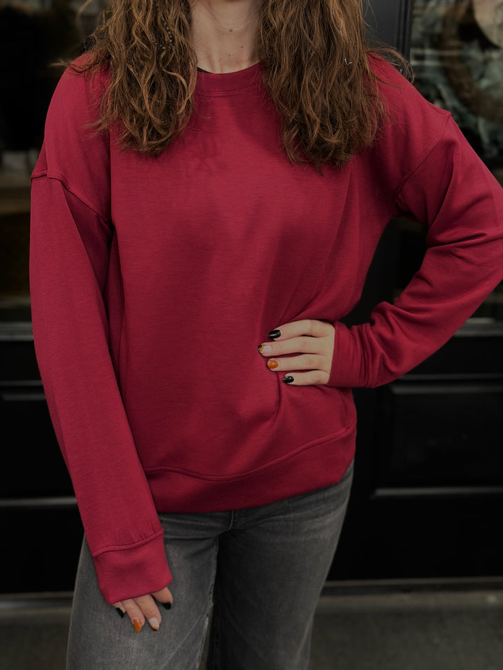 Solid Crew Neck Pullover- Cabernet
