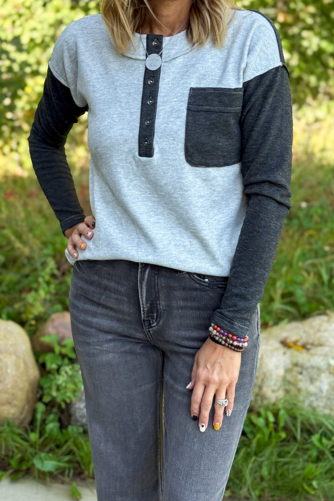 Grey Henley Button Detail