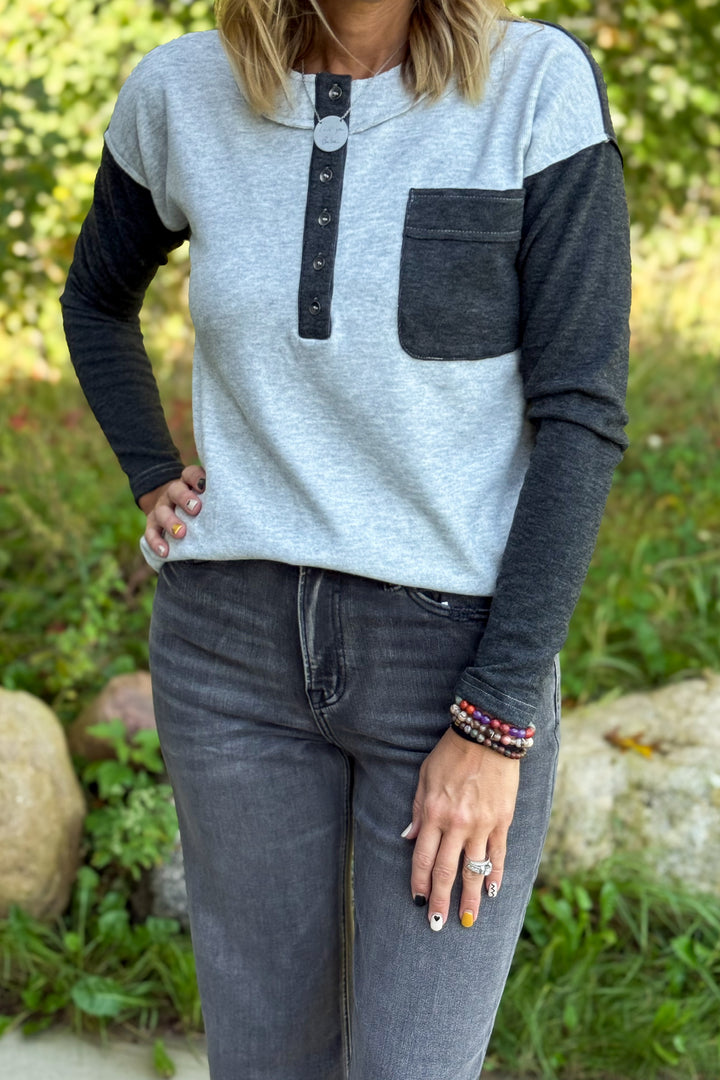 Grey Henley Button Detail
