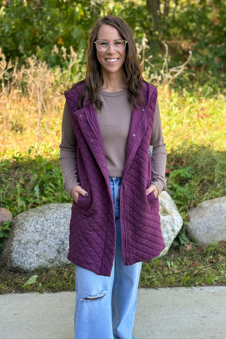Long Quilted Vest- Plum