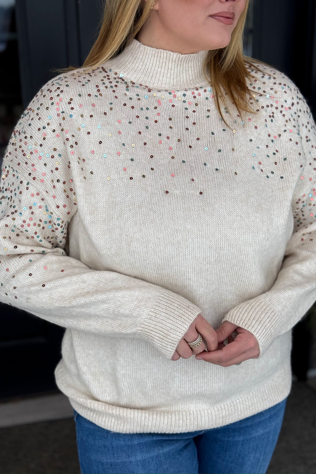 Sequin Mock Neck Sweater