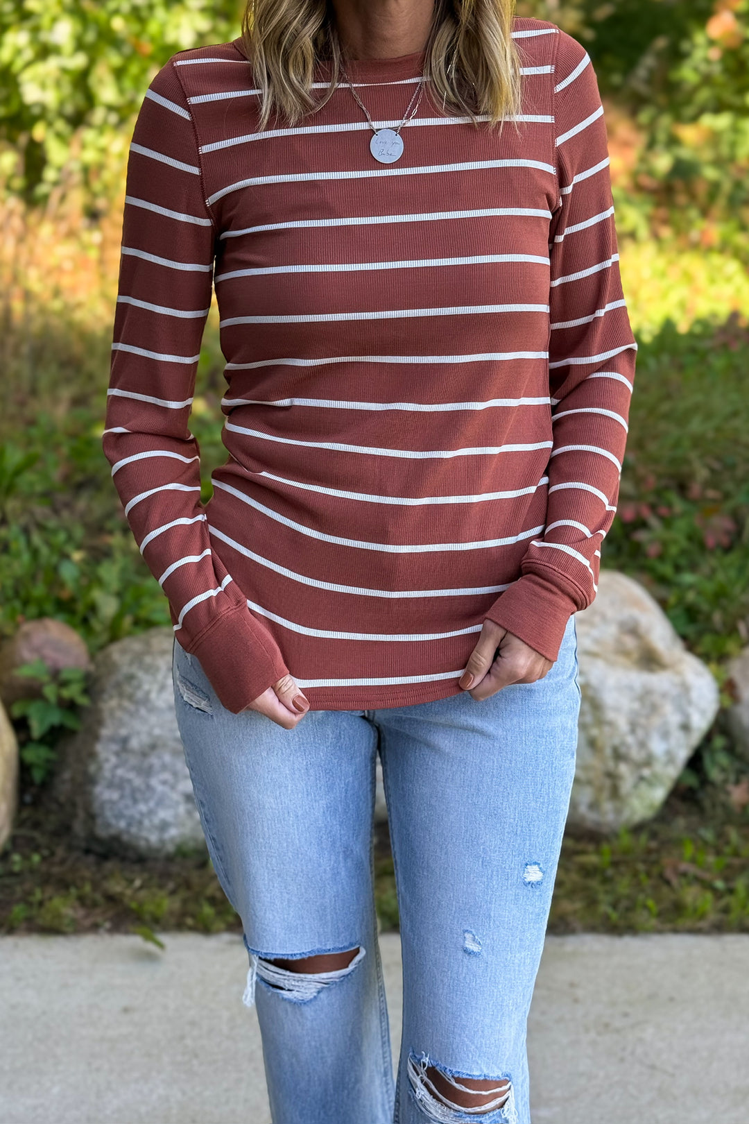 Stacy Top- Rust Ivory Stripe