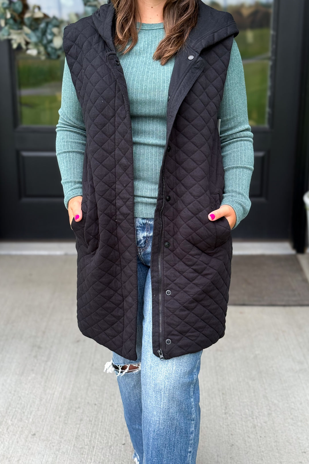 Long Quilted Vest- Black