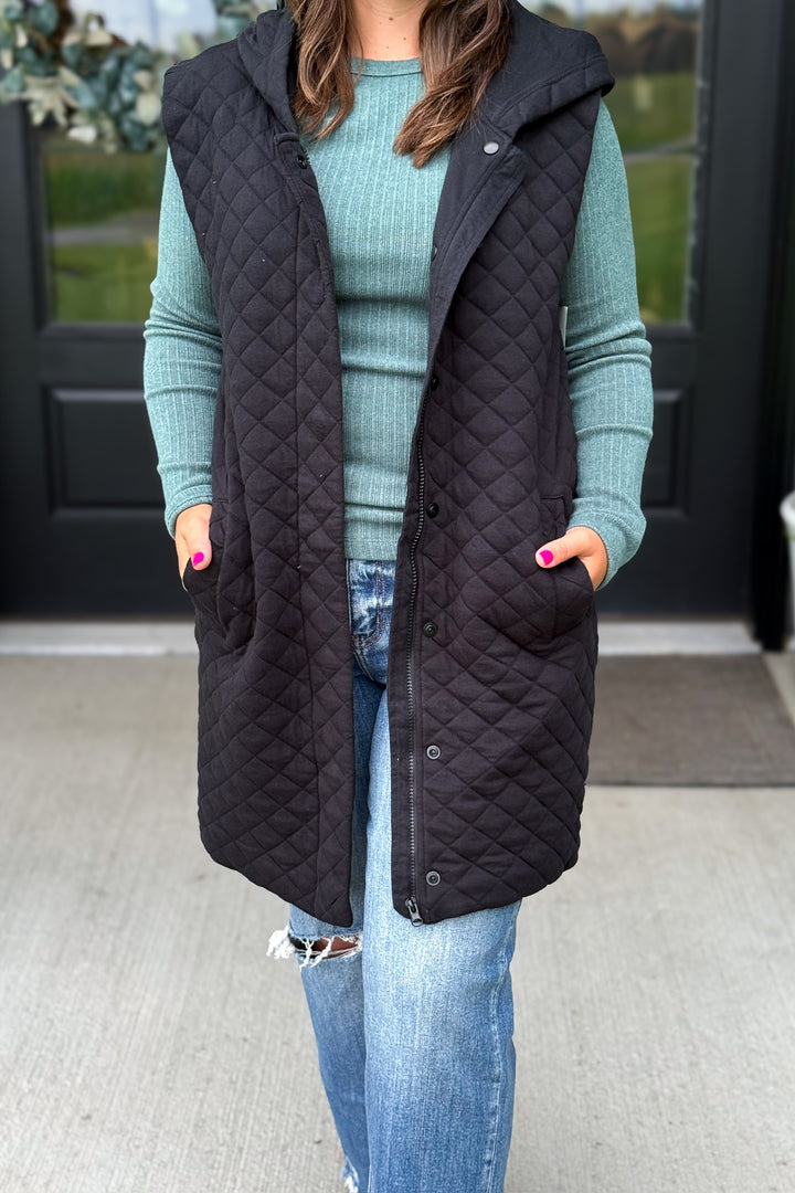 Long Quilted Vest- Black