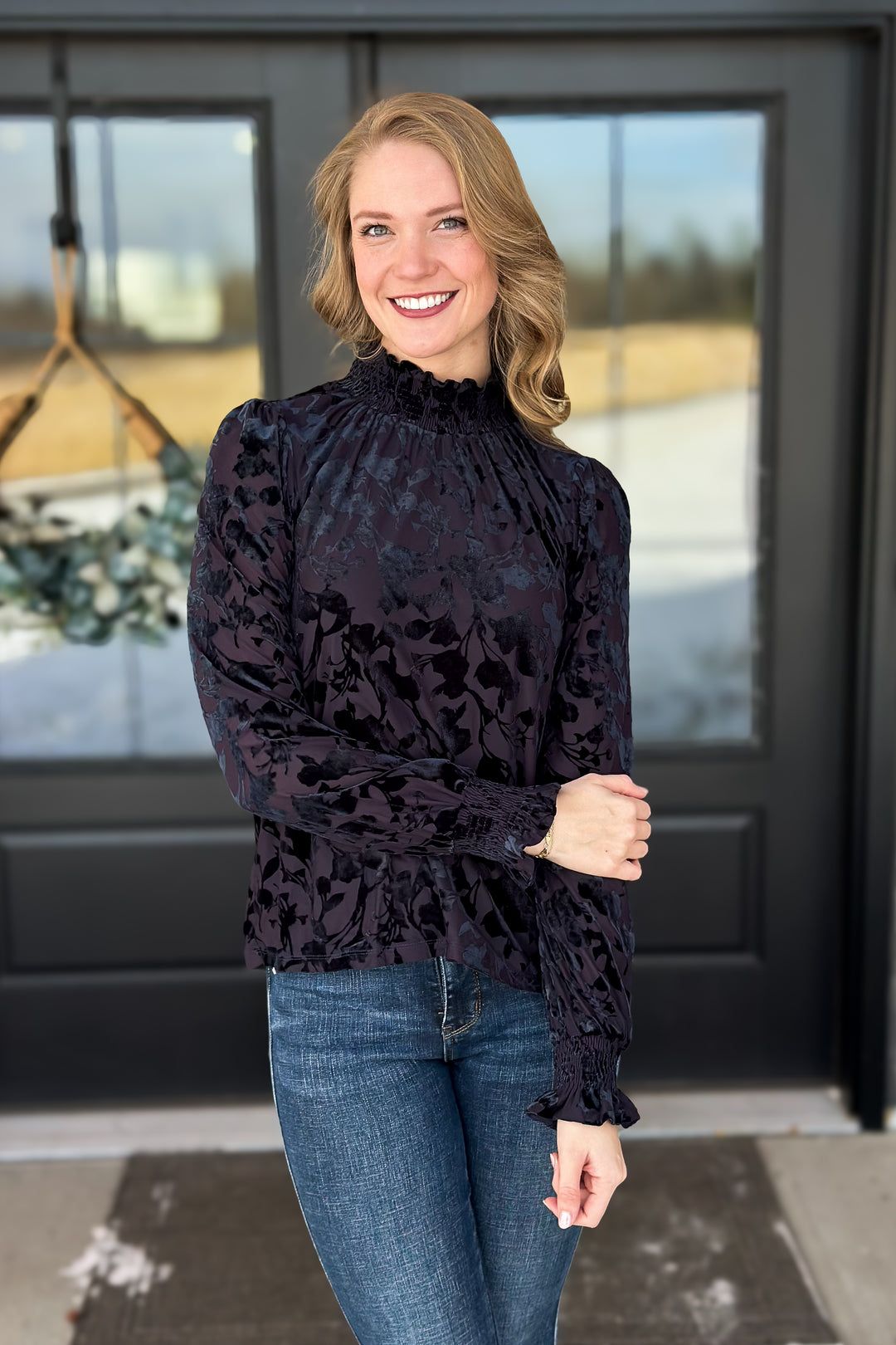 Navy Smocked Velvet Top