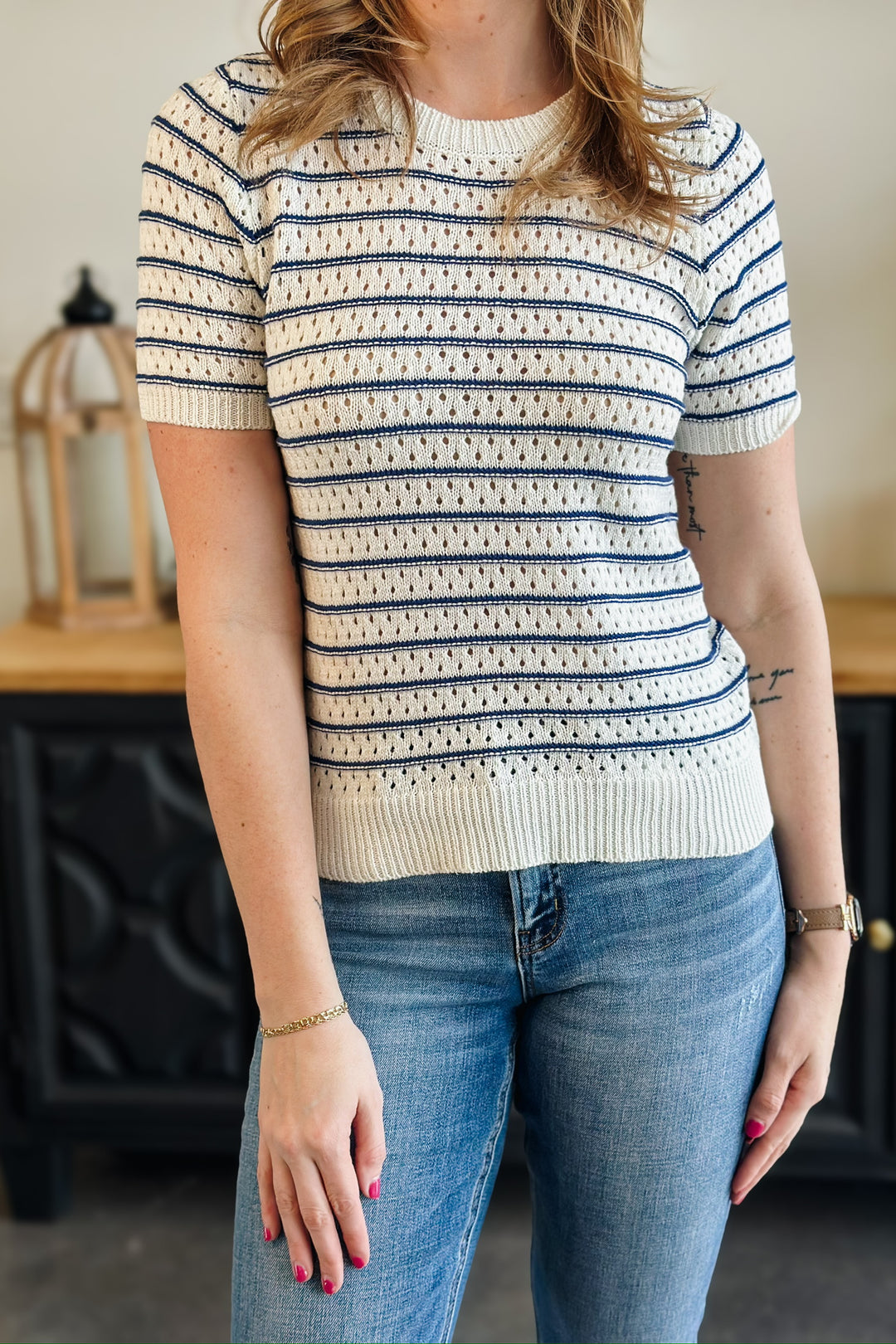 Ivory Navy Stripe Crochet Knit