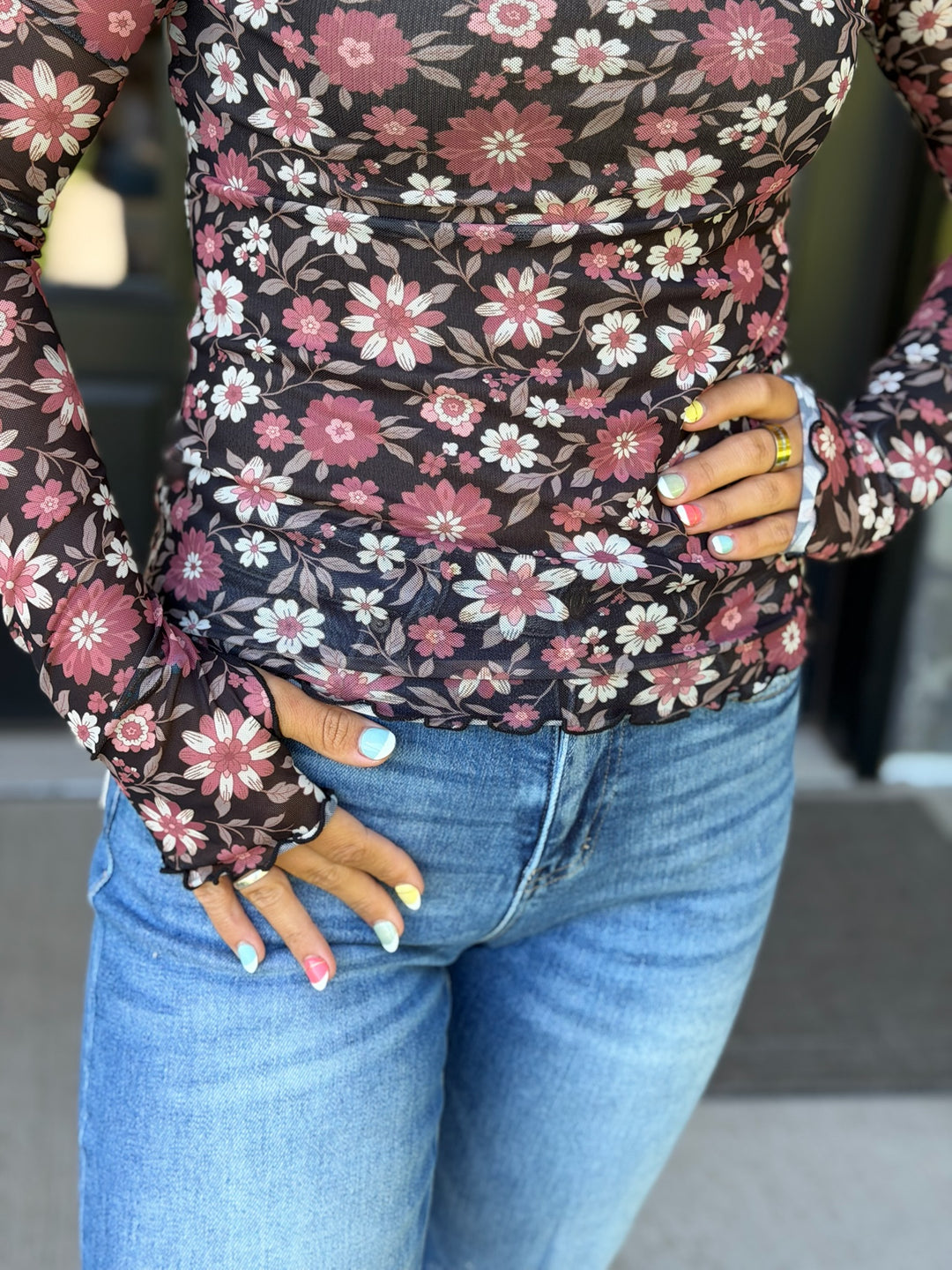 Black Floral Mesh Mock