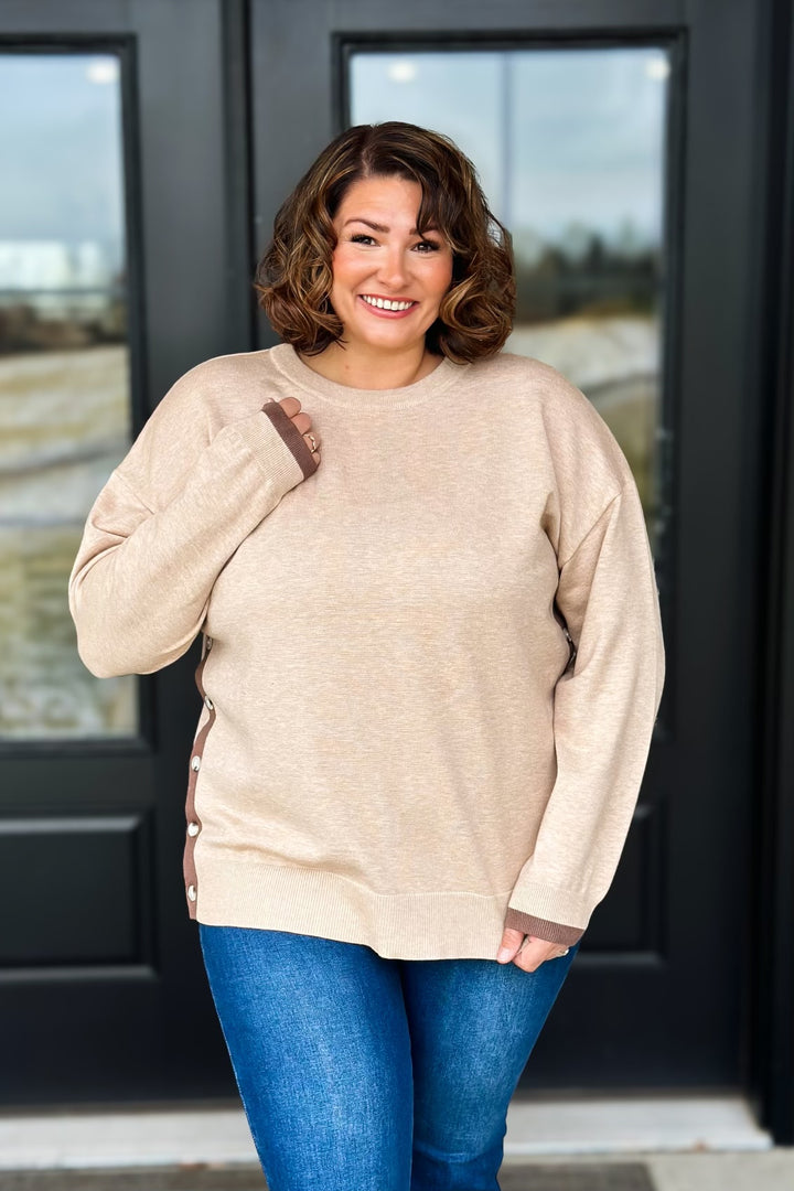 Taupe Button Sweater Side Detail- Curvy