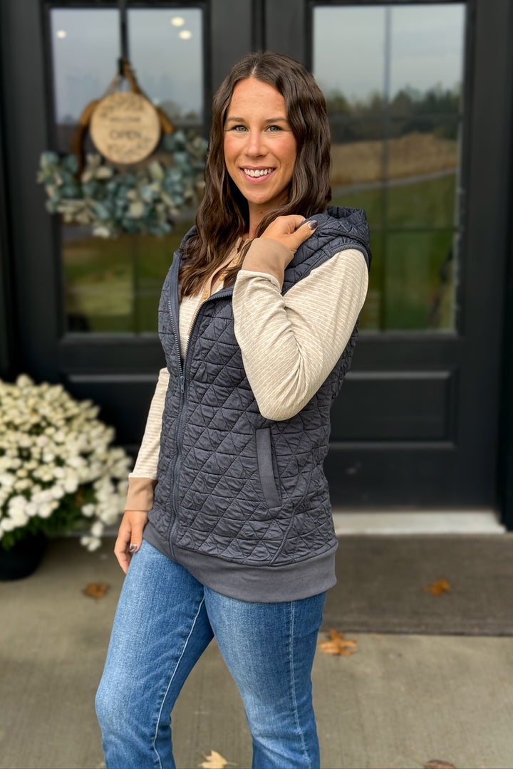 Quilted Hooded Vest- Slate Blue
