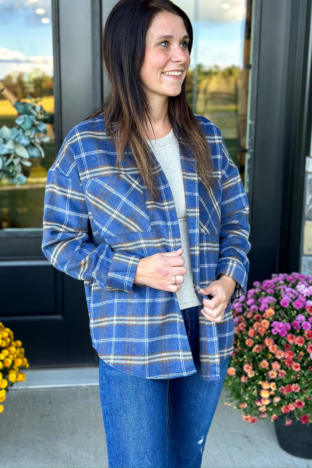 Blue Plaid Shacket- Curvy