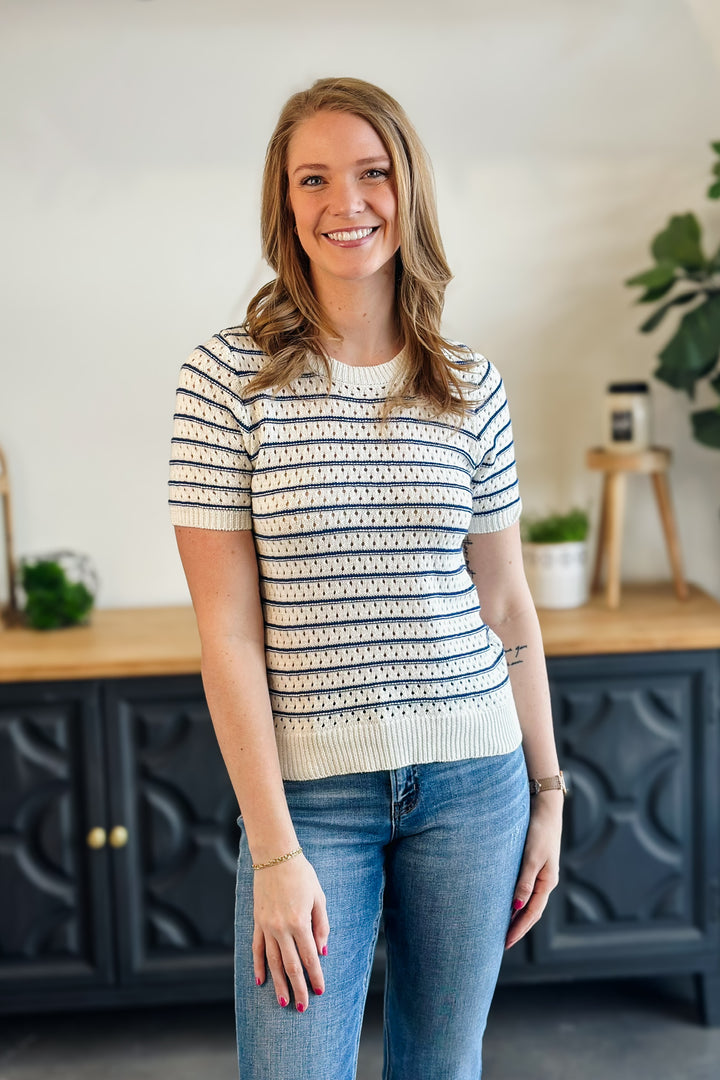 Ivory Navy Stripe Crochet Knit