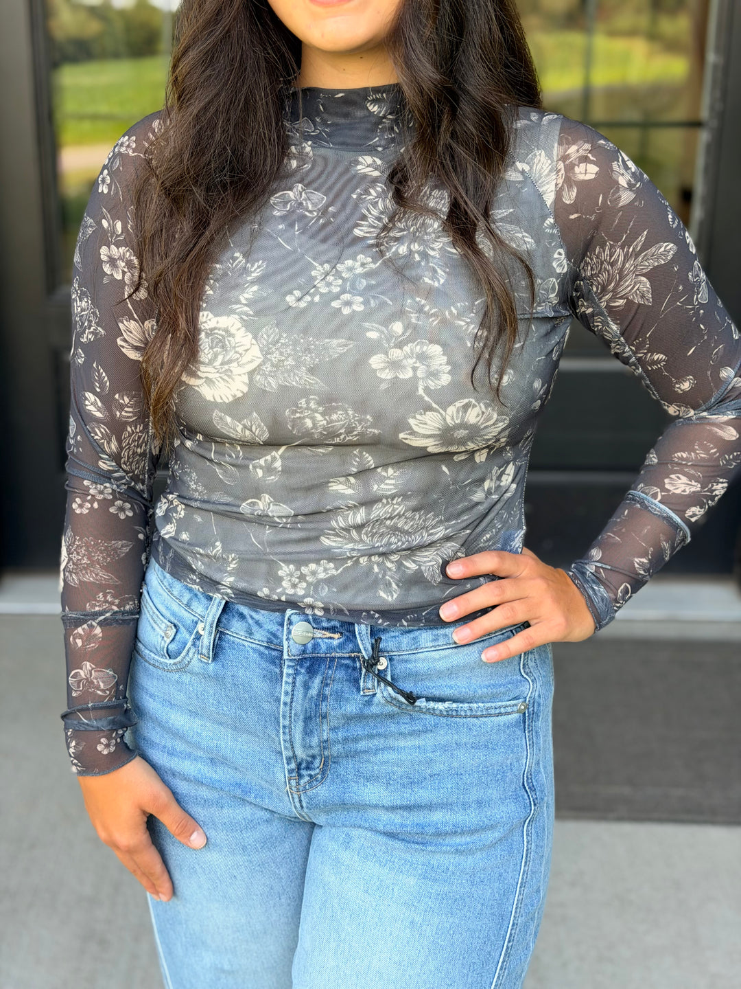 Gray & Cream Floral Mesh Top
