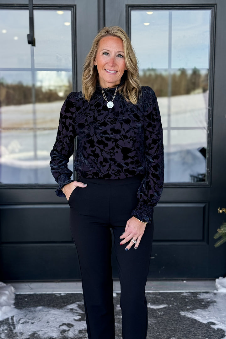 Navy Smocked Velvet Top