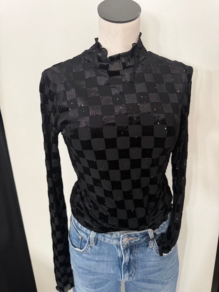 Times Square Black Velvet Mesh Top