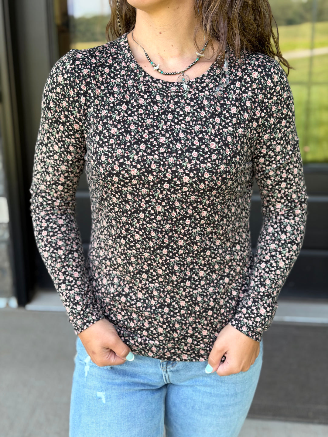 Black Floral Crew