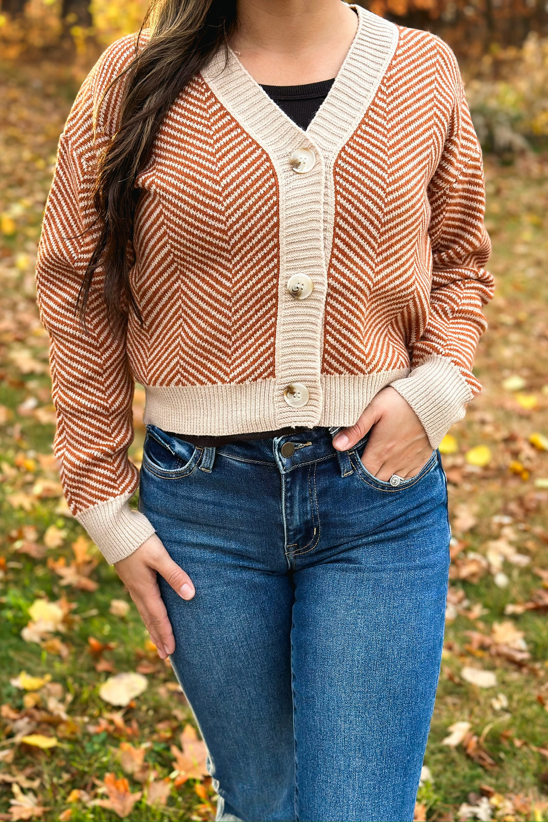 Rust Chevron Button Sweater