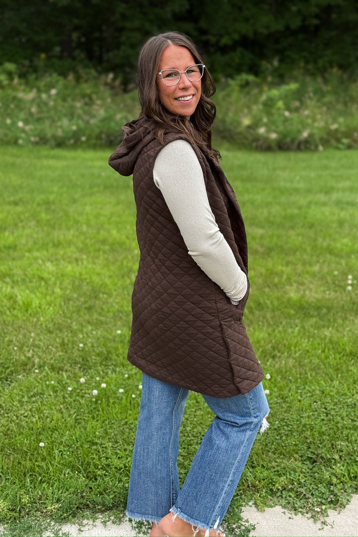 Long Quilted Vest- Espresso