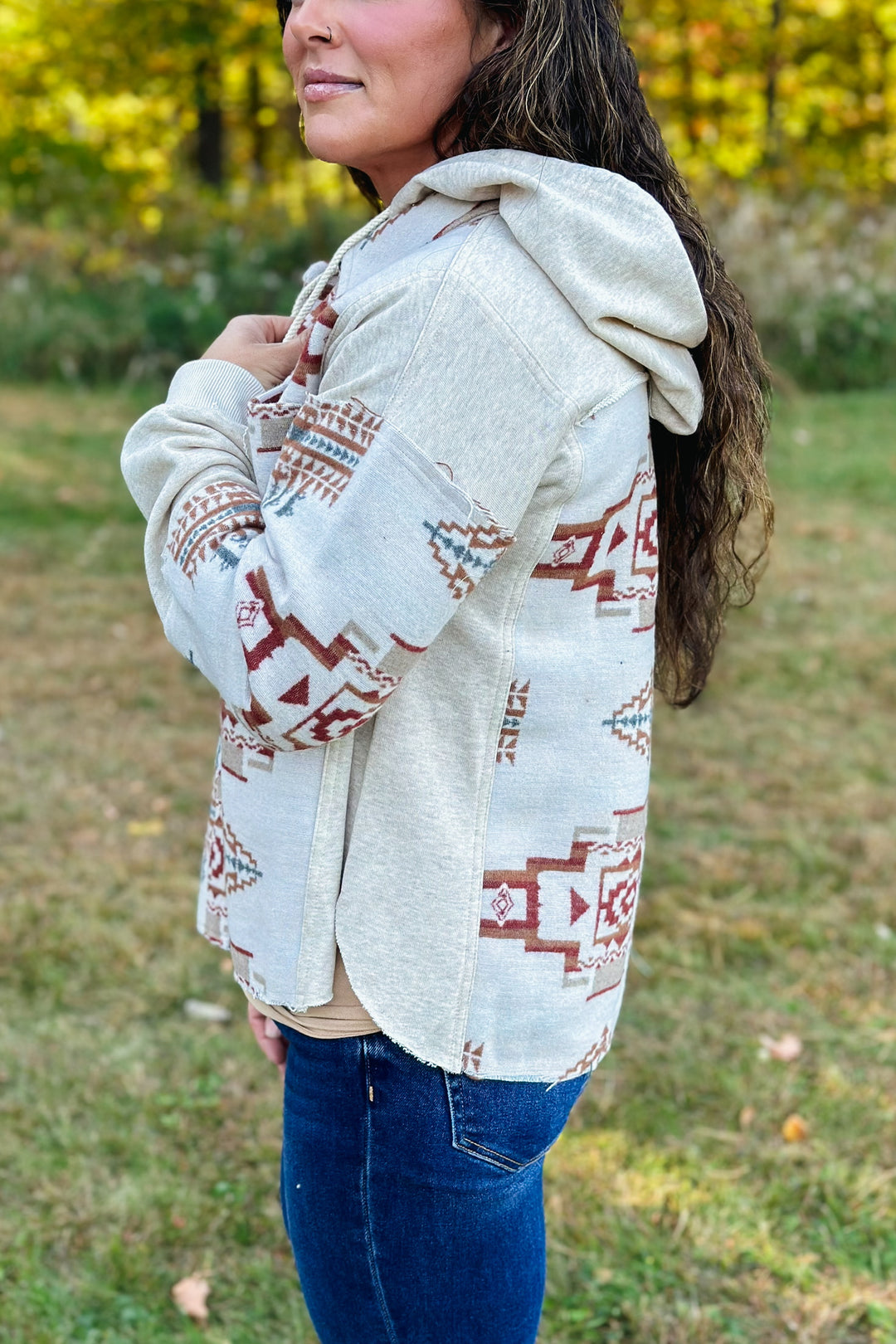 Oatmeal Hooded Aztec Shacket