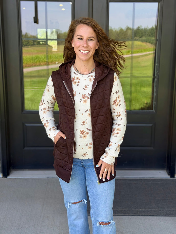 Quilted Long Zipper Vest- Brown
