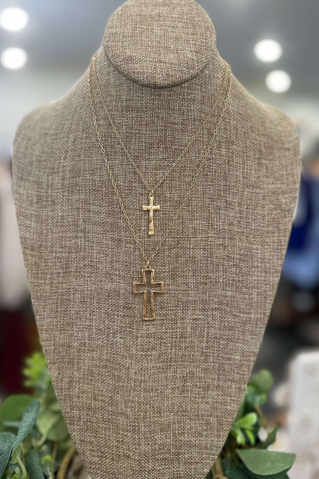 Worn Gold Layered Cross Necklace