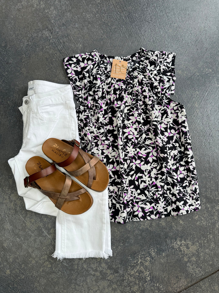 Black Floral Ruffle Blouse