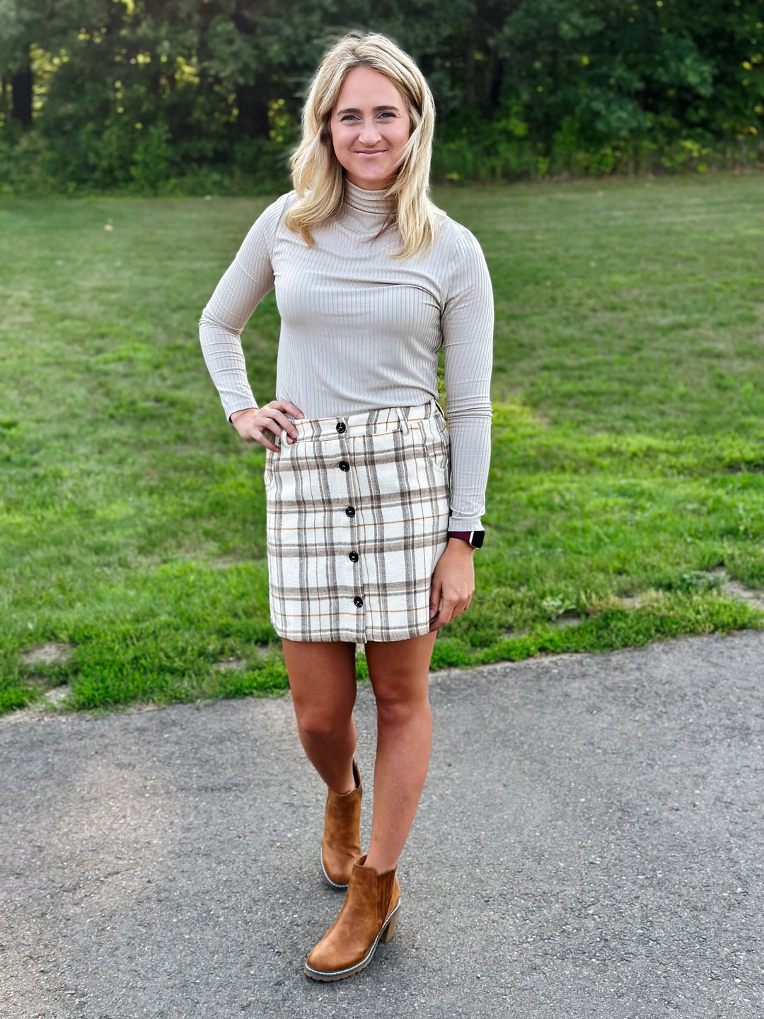 Brushed Plaid Button Skirt