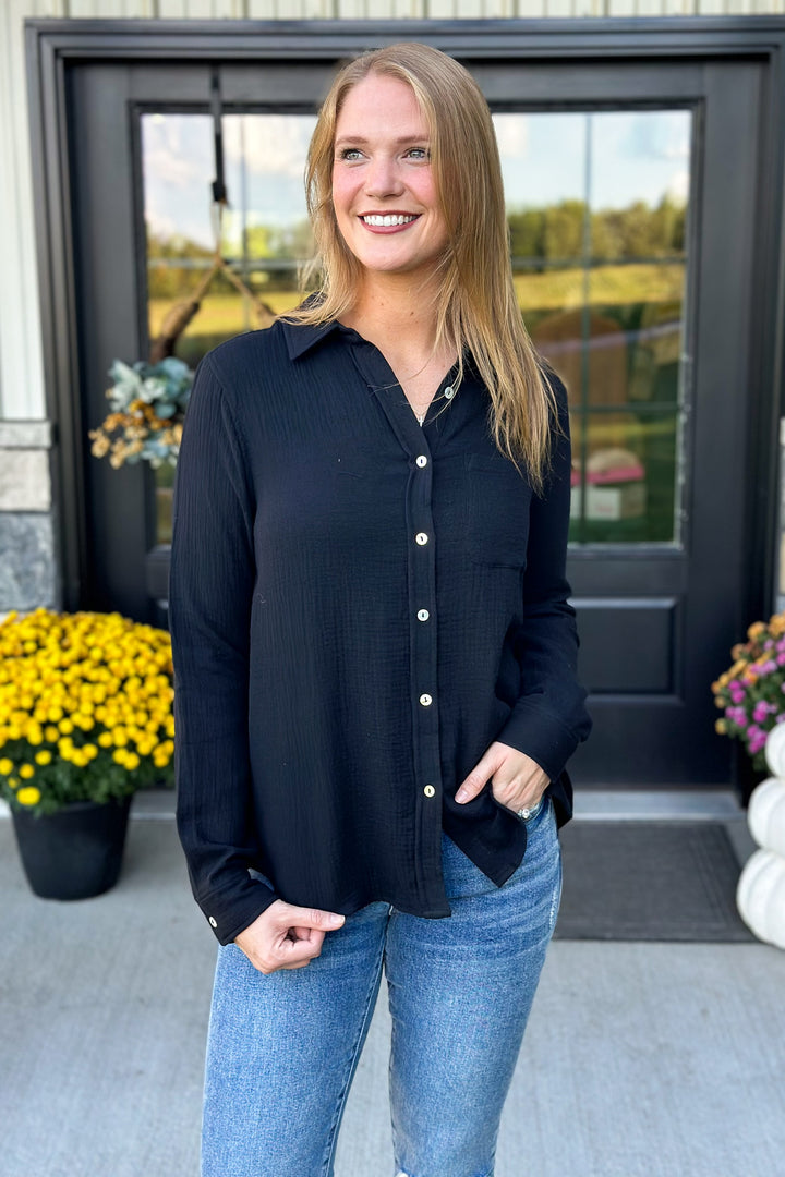 Black Woven Button Up