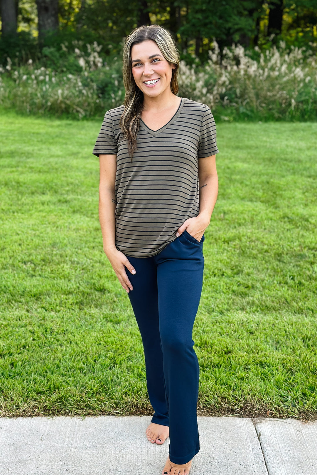 Tatiana Tee- Olive Black Stripe