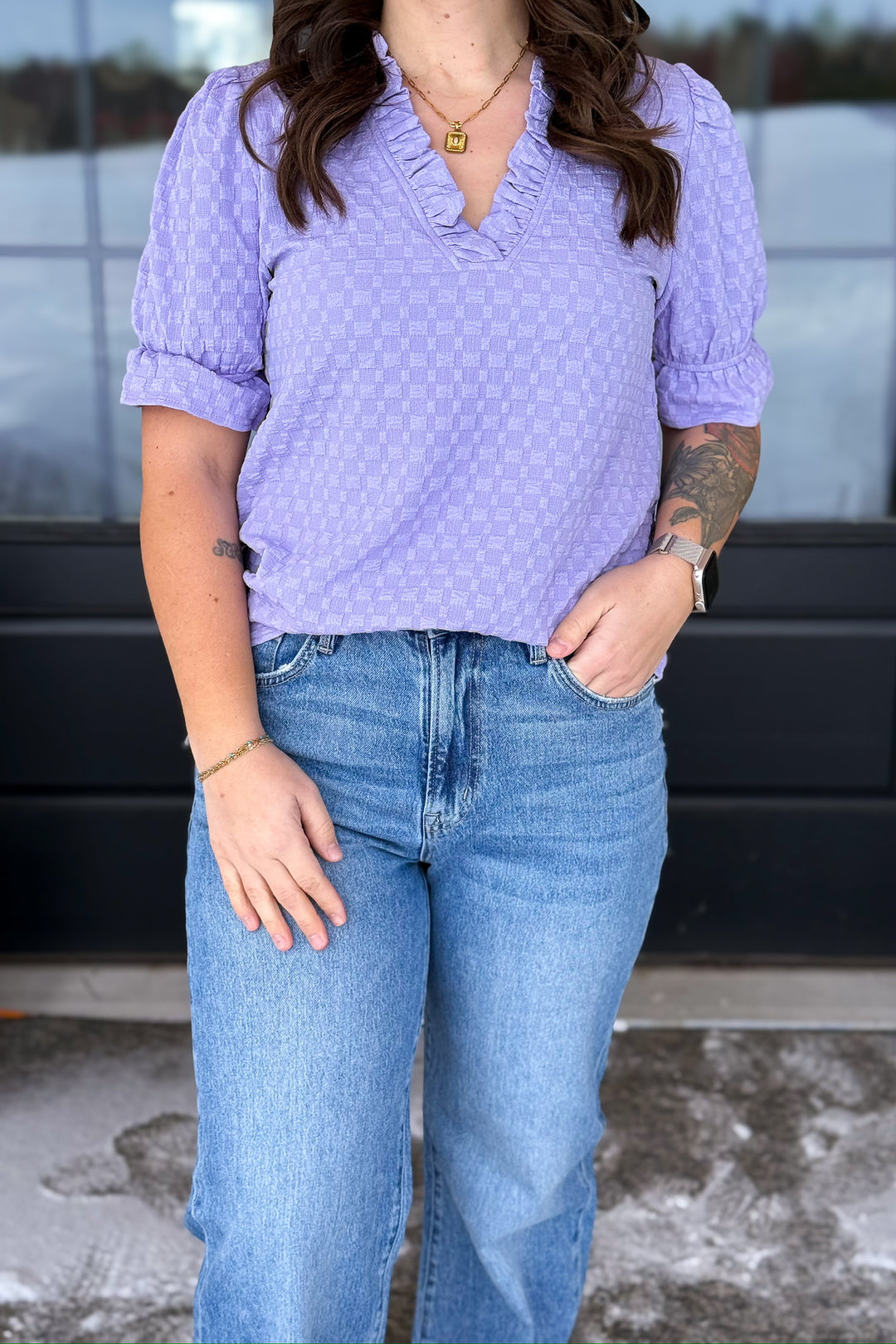 Frilled V-Neck Blouse- Lavender