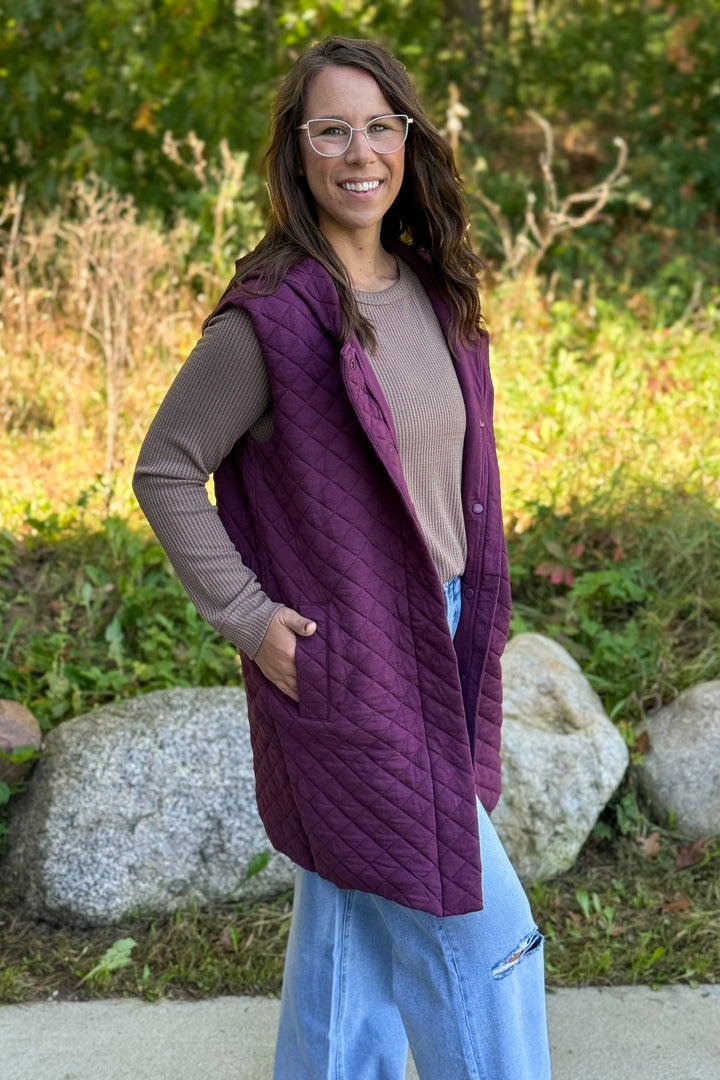 Long Quilted Vest- Plum