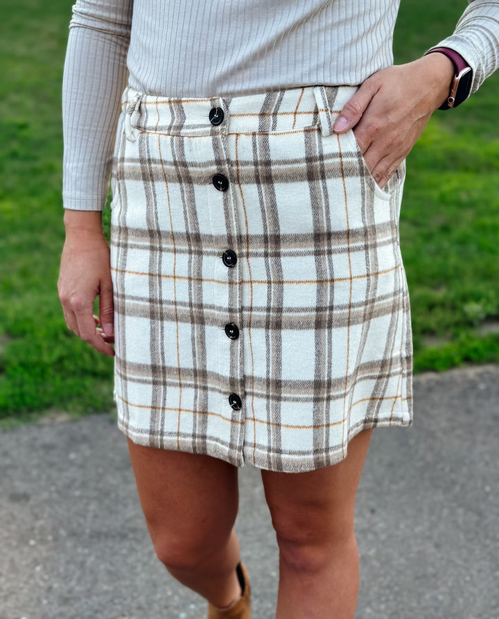 Brushed Plaid Button Skirt