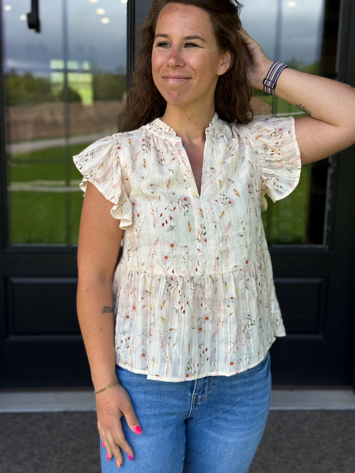 Cream Floral Ruffle Sleeve