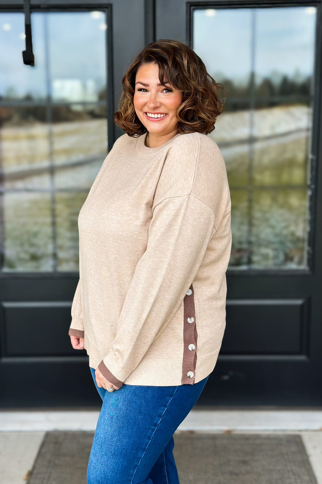 Taupe Button Sweater Side Detail- Curvy