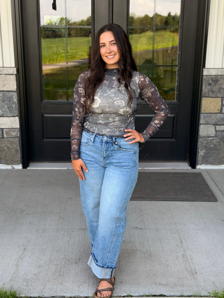 Gray & Cream Floral Mesh Top